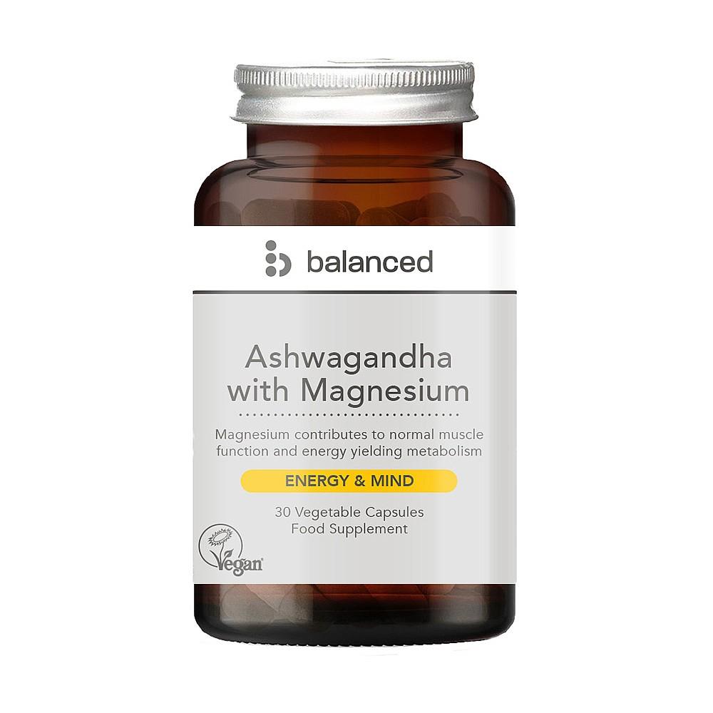 Brown glass bottle with a black lid, labeled "Balanced Ashwagandha with Magnesium," containing 30 vegetable capsules, highlighting "Energy & Mind" and "Vegan" features.
