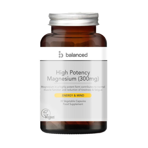 Brown glass bottle with a white label, featuring "High Potency Magnesium (300mg)" text, 30 veggie capsules, and "Vegan" symbol, promoting energy and mind support.