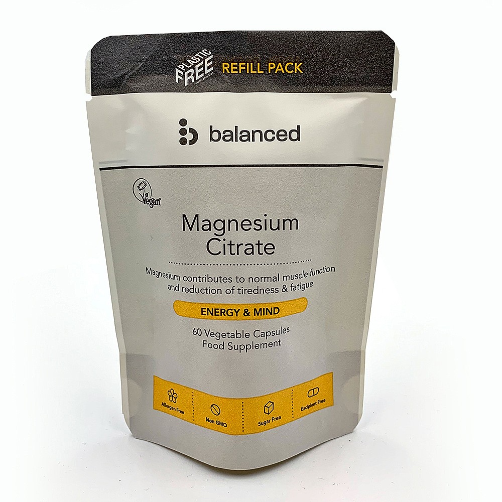 Balanced Magnesium Citrate refill pouch in silver and beige, featuring 60 vegetable capsules, labeled for energy and mind support, with vegan and non-GMO certifications.