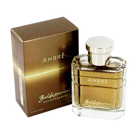 Baldessarini Ambre 90ml EDT features a square glass bottle with a silver cap, housed in a gold and brown box, showcasing the brand name prominently on both.