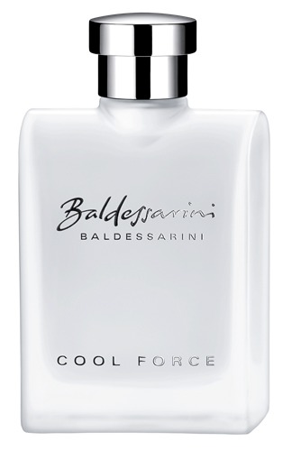 Clear glass bottle with a sleek, rectangular shape, featuring a silver cap and embossed branding; labeled "Cool Force" in bold letters, exuding a modern, sophisticated aesthetic.