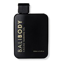 Black rectangular bottle of Bali Body Cacao Tanning Oil, 100ml, featuring gold text and a black screw cap, designed for enhancing tanning.