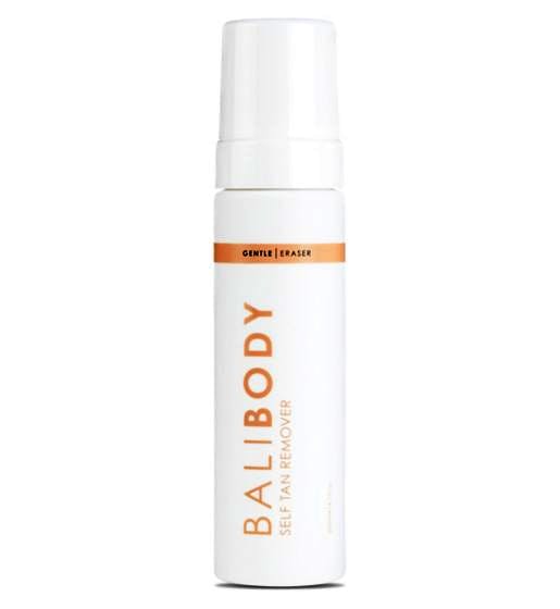 White bottle with a pump dispenser, labeled "Bali Body Self Tan Remover," featuring orange accents and the text "Gentle Eraser" prominently displayed.