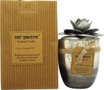 Silver glass candle with a textured finish, topped with a decorative camellia flower, wrapped in natural twine, and presented in a kraft paper box, scented peach grapefruit.