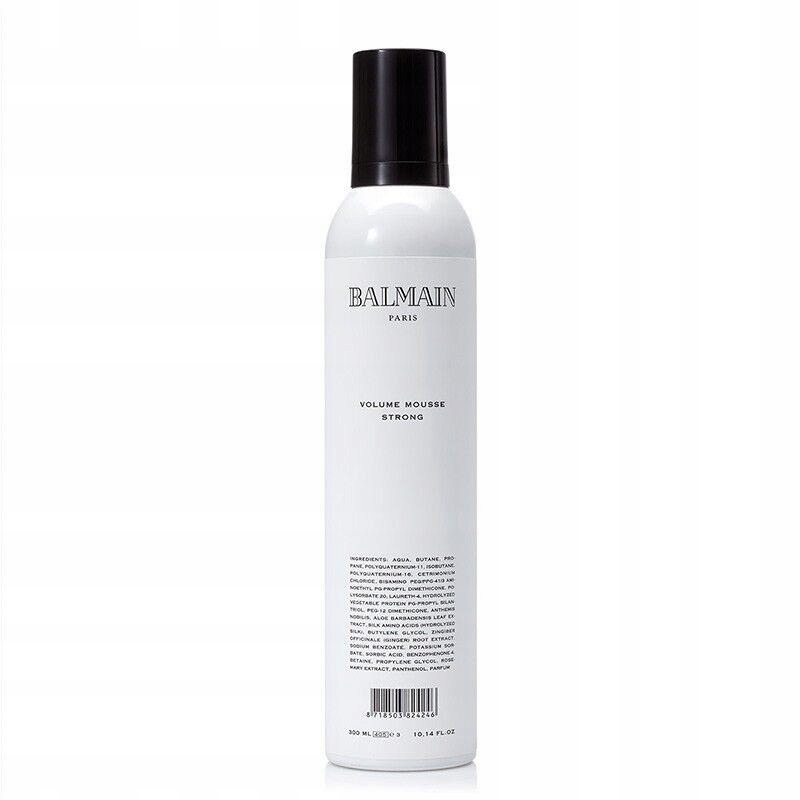 White cylindrical canister with a black cap, labeled "BALMAIN PARIS VOLUME MOUSSE STRONG," featuring a minimalist design and 300 ml capacity.