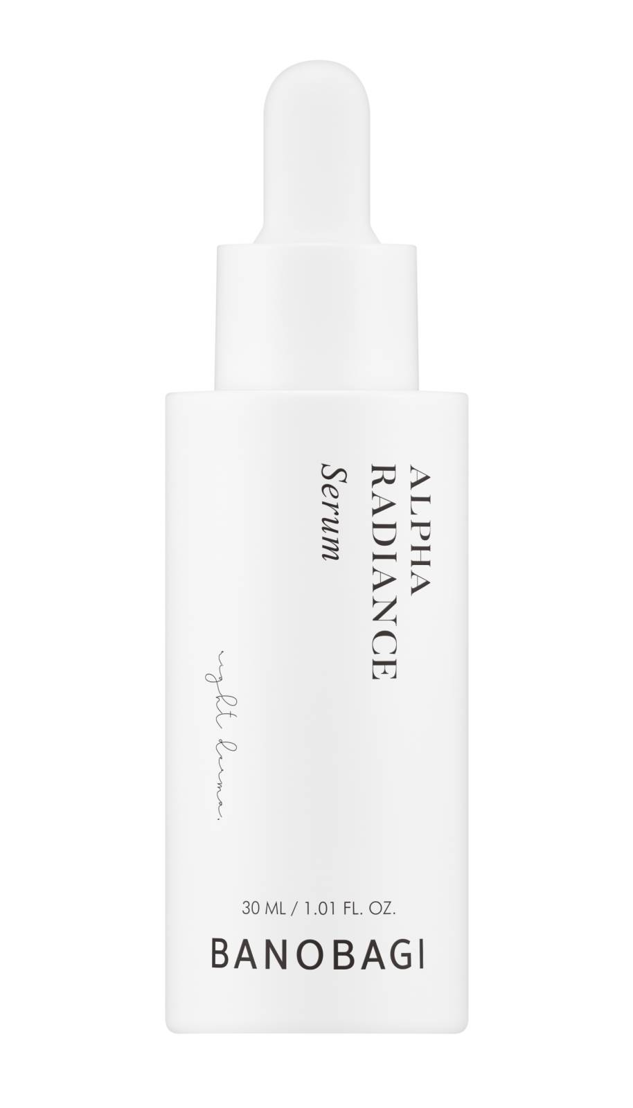 White glass bottle with a dropper, labeled "Banobagi Alpha Radiance Serum," featuring minimalist black text and a sleek design, containing 30ml of serum.