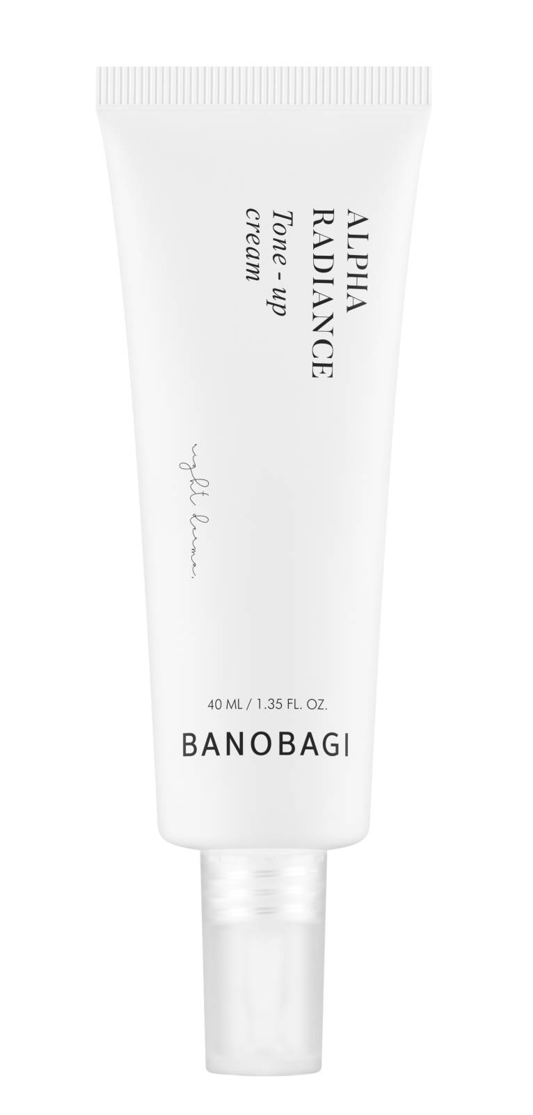 White tube with a sleek design, featuring "Banobagi" and "Alpha Radiance Tone-up Cream" text in black, and a clear cap, holding 40ml of cream.