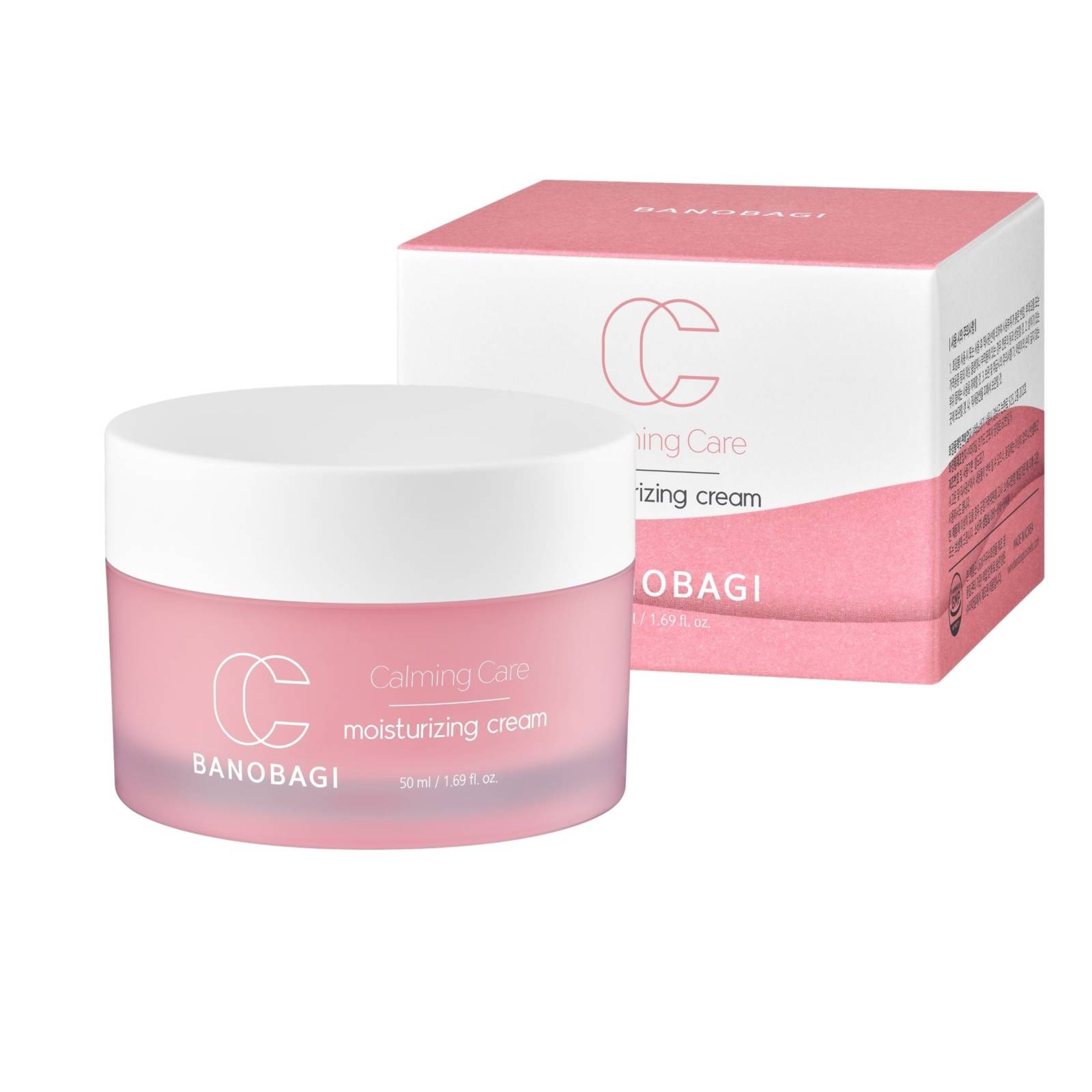 Banobagi Calming Care Moisturising Cream in a pink jar with a white lid, accompanied by a matching pink and white box, both featuring the brand logo and product details.