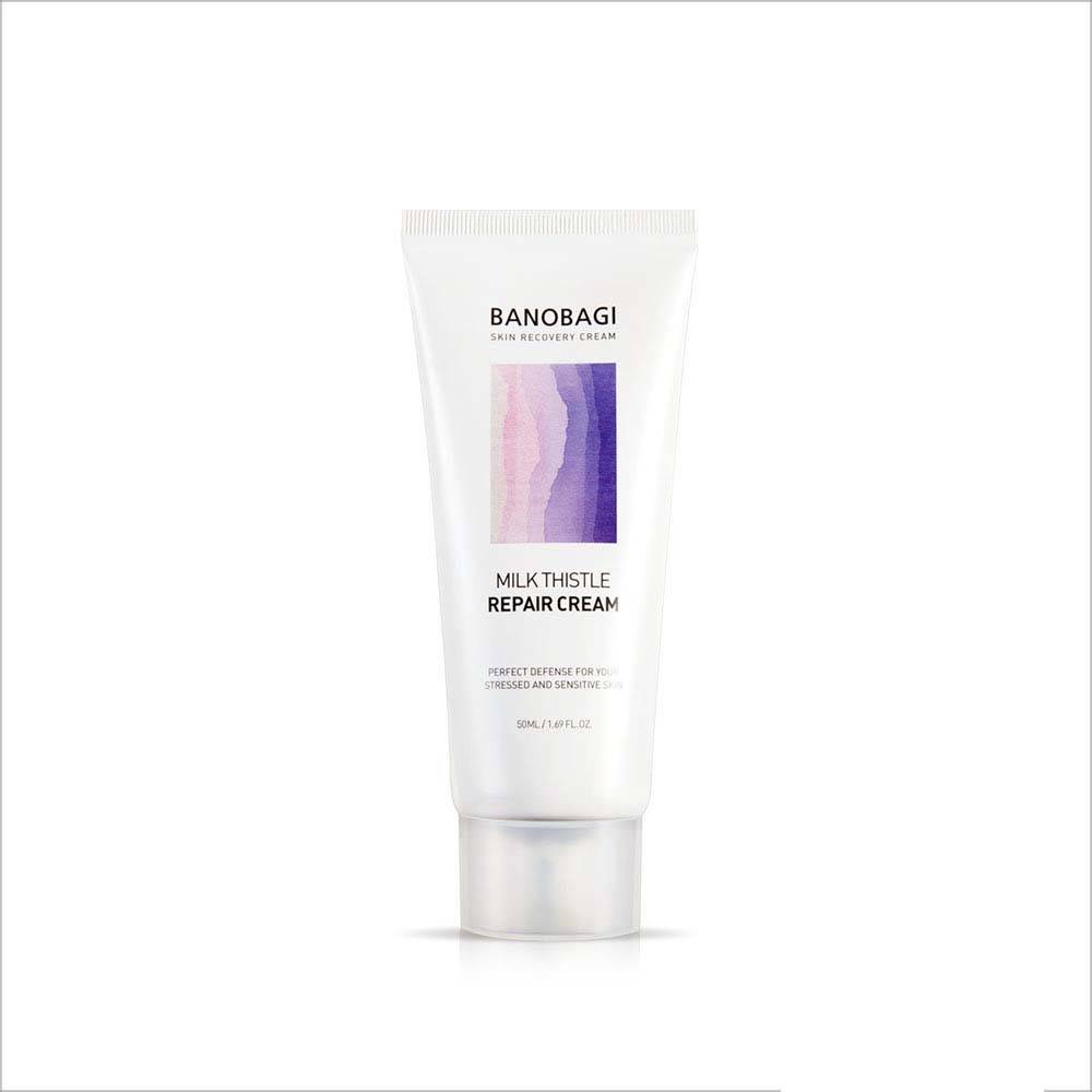 Banobagi Milk Thistle Repair Cream in a white tube with a colorful abstract design, featuring a purple and pink label, 50ml size for soothing stressed skin.