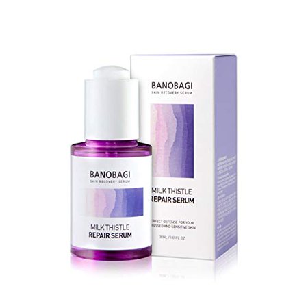 Banobagi Milk Thistle Repair Serum in a clear glass bottle with a purple gradient cap, accompanied by a white box featuring pastel colors and brand name prominently displayed.