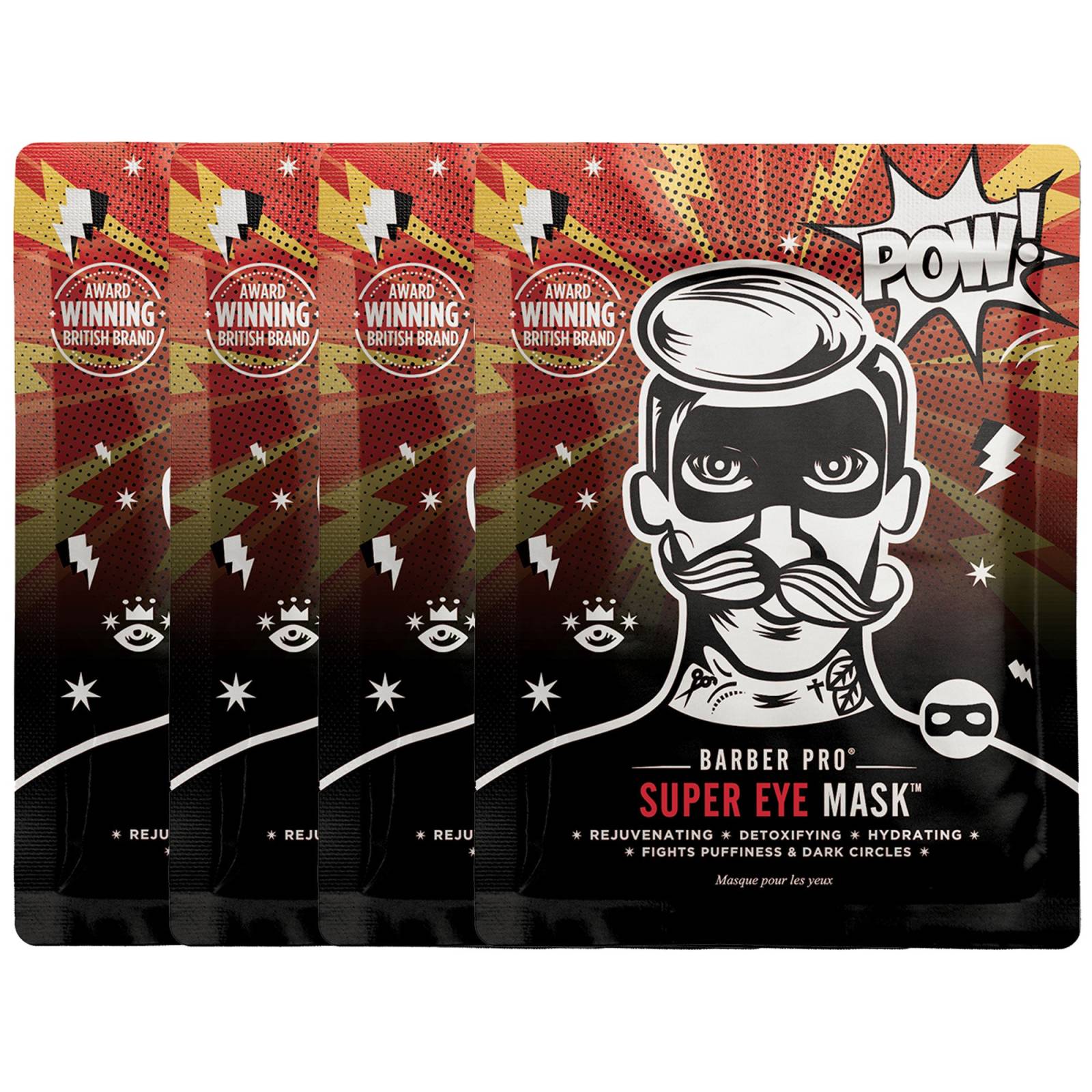 Four colorful eye mask packets featuring a cartoon man with a mustache, set against a bold red and black background with lightning bolts and stars, labeled "BARBER PRO SUPER EYE MASK."