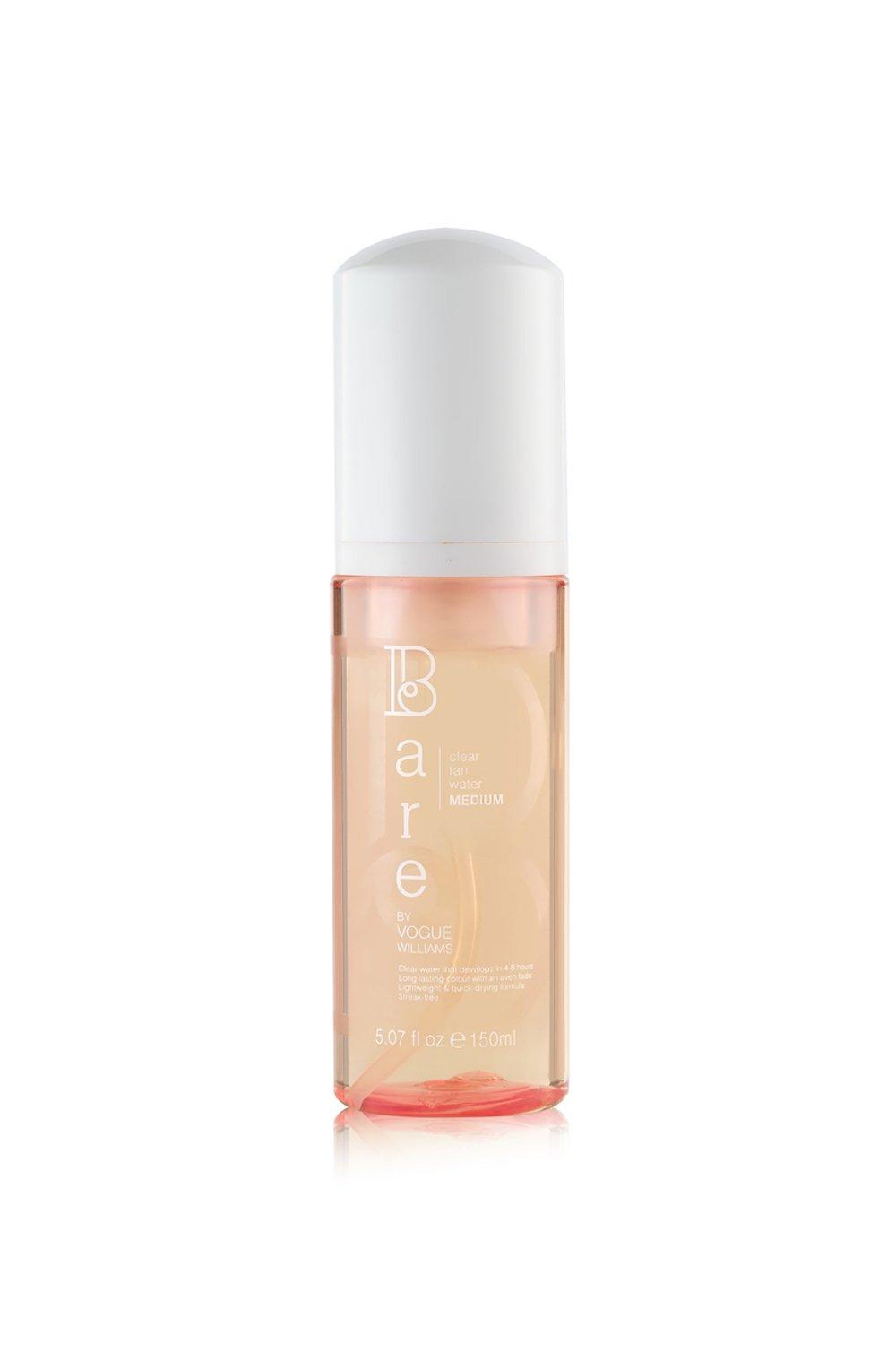 Clear tan water in a transparent 150ml bottle with a white pump cap, featuring the brand name "Bare" in bold letters and product details on the label.