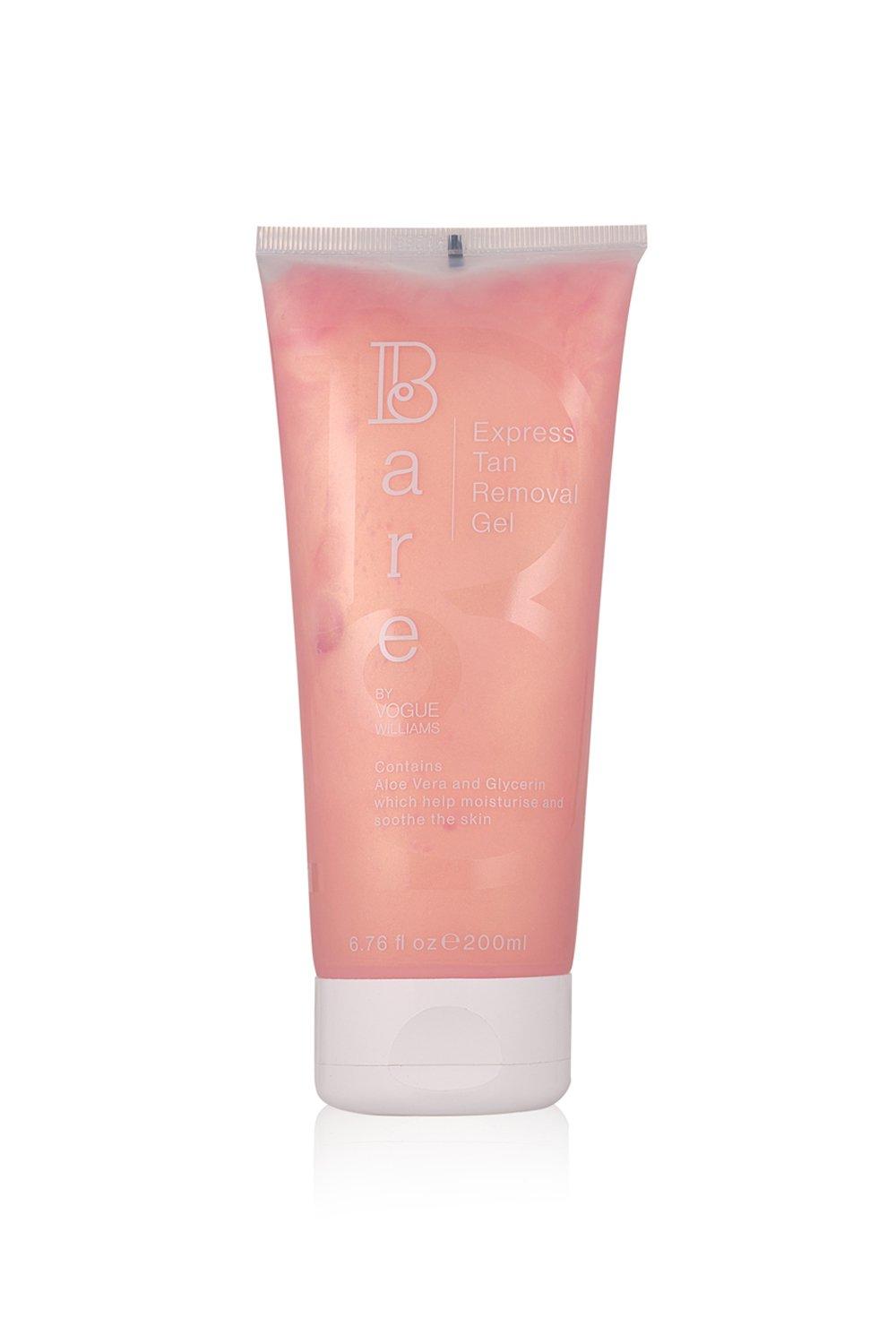 Pink gel tube with a translucent finish, labeled "Bare" and "Express Tan Removal Gel," features a flip-top cap and contains 200ml of product, highlighting moisturizing ingredients.