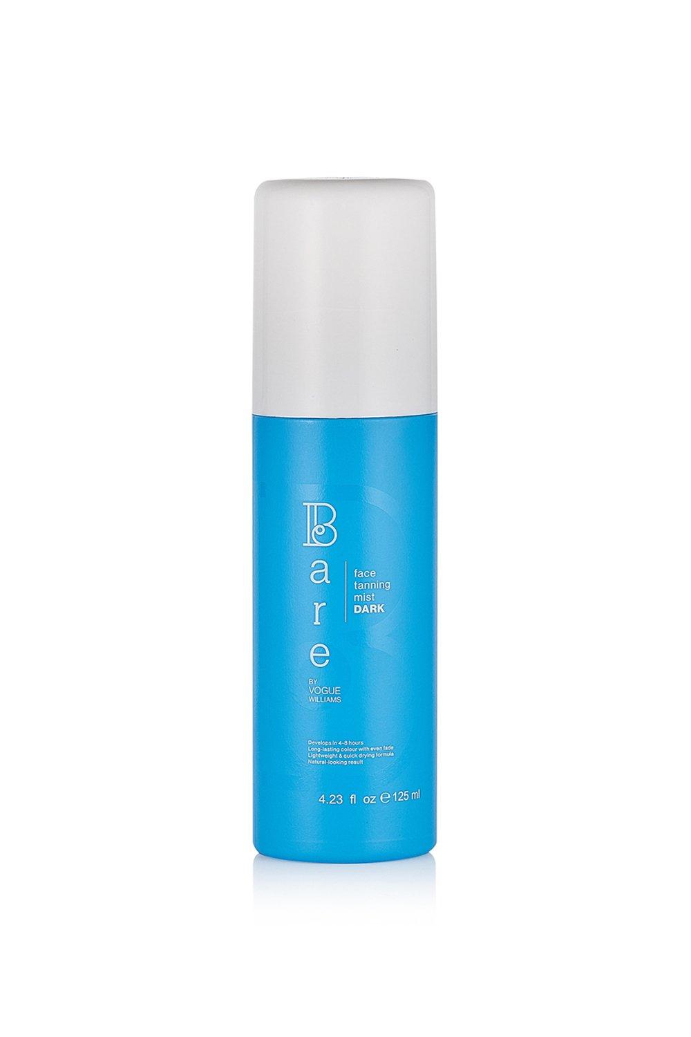 Bright blue cylindrical bottle with a white cap, labeled "Bare" in bold white letters, containing 125ml of women's face tanning mist in dark.