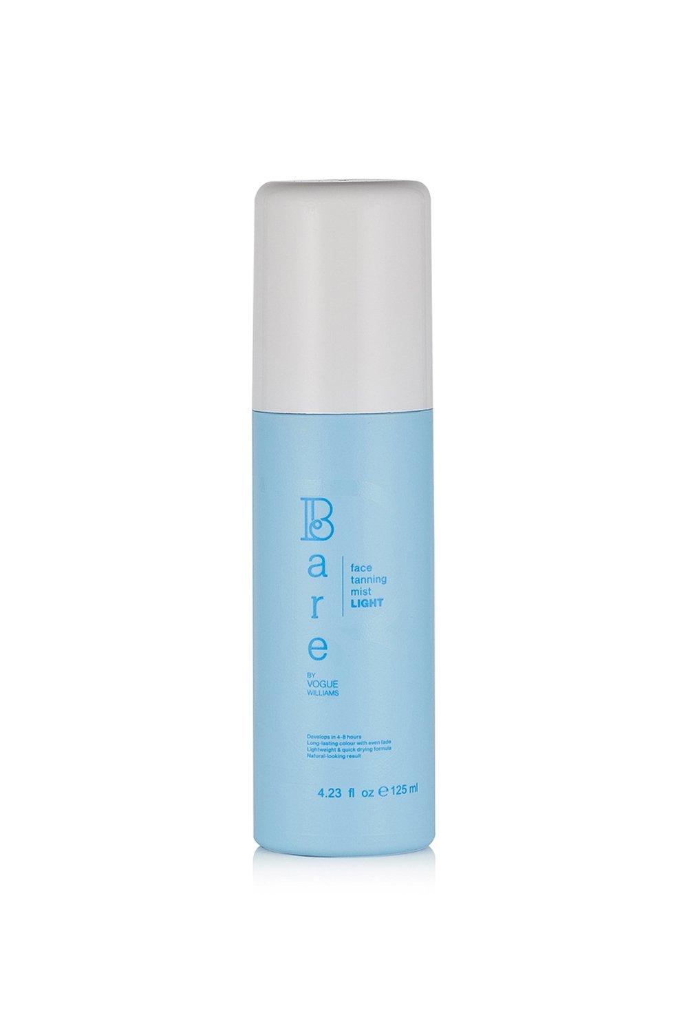 Light blue spray bottle with a white cap, labeled "Bare" and "Face Tanning Mist in Light," size 125ml, featuring a minimalist design and sleek cylindrical shape.