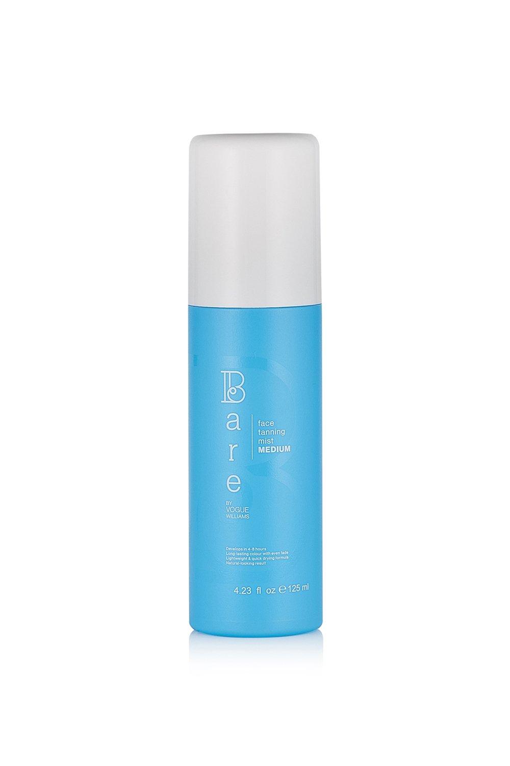 Light blue cylindrical bottle with a white cap, labeled "Bare" and "Face Tanning Mist in Medium," containing 125ml of product.