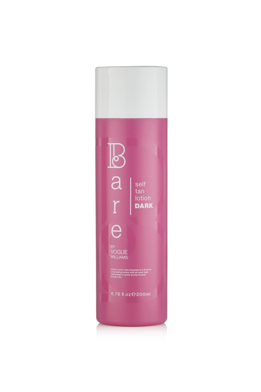 Debenhams Bare by Vogue Women's Self Tan Lotion in a vibrant pink bottle, featuring a white cap and bold "DARK" label, size 200ml.