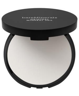Translucent pressed setting powder in a sleek black compact with a smooth, reflective lid, featuring the BareMinerals logo on top, designed for a flawless finish.