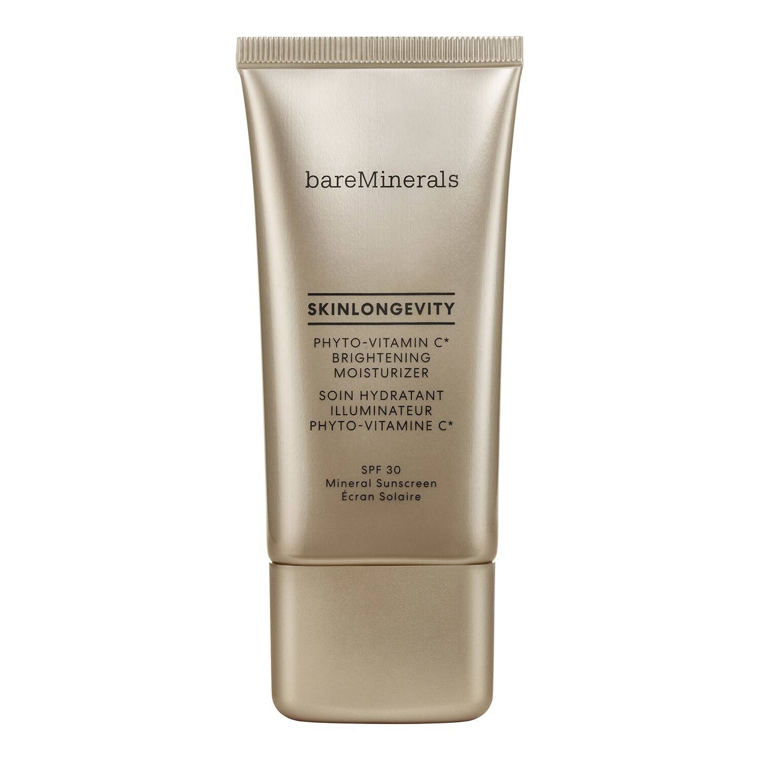 Gold-colored tube of Bareminerals Skinlongevity Phyto-Vitamin C Brightening Moisturiser SPF 30, featuring a sleek design and clear branding on the front.