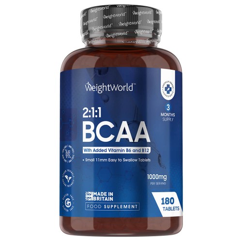Amber plastic bottle containing 180 small, easy-to-swallow tablets, labeled "2:1:1 BCAA" with added B6 and B12, featuring a blue and white design and a "Made in Britain" logo.