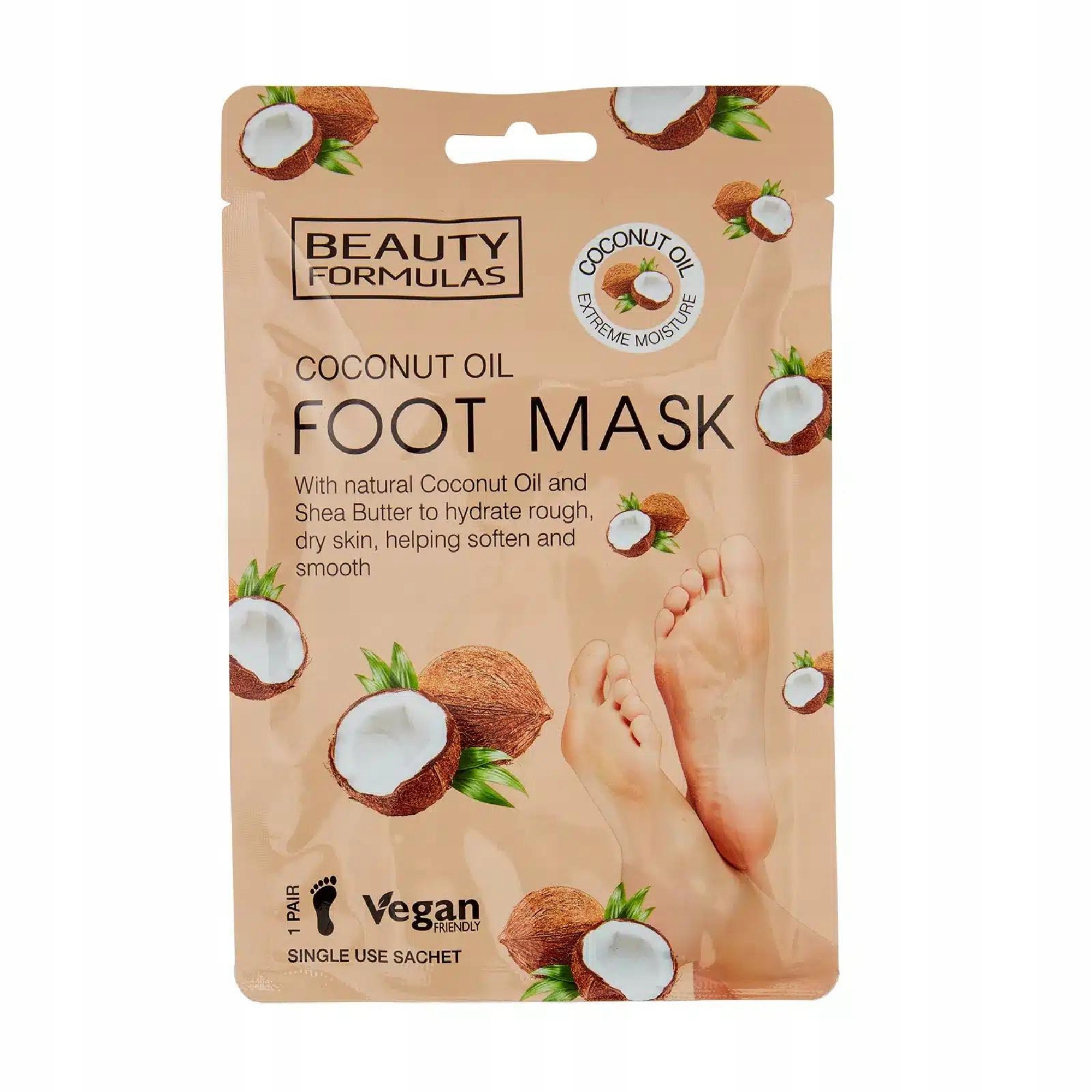 Coconut Oil Foot Mask sachet featuring a beige background, images of coconuts, and a pair of bare feet, highlighting moisturizing and nourishing properties.