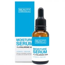 Amber glass dropper bottle with a black lid, labeled "Moisture Serum 1% Hyaluronic Acid," featuring a blue and white design, containing 30 ml of hydrating serum.