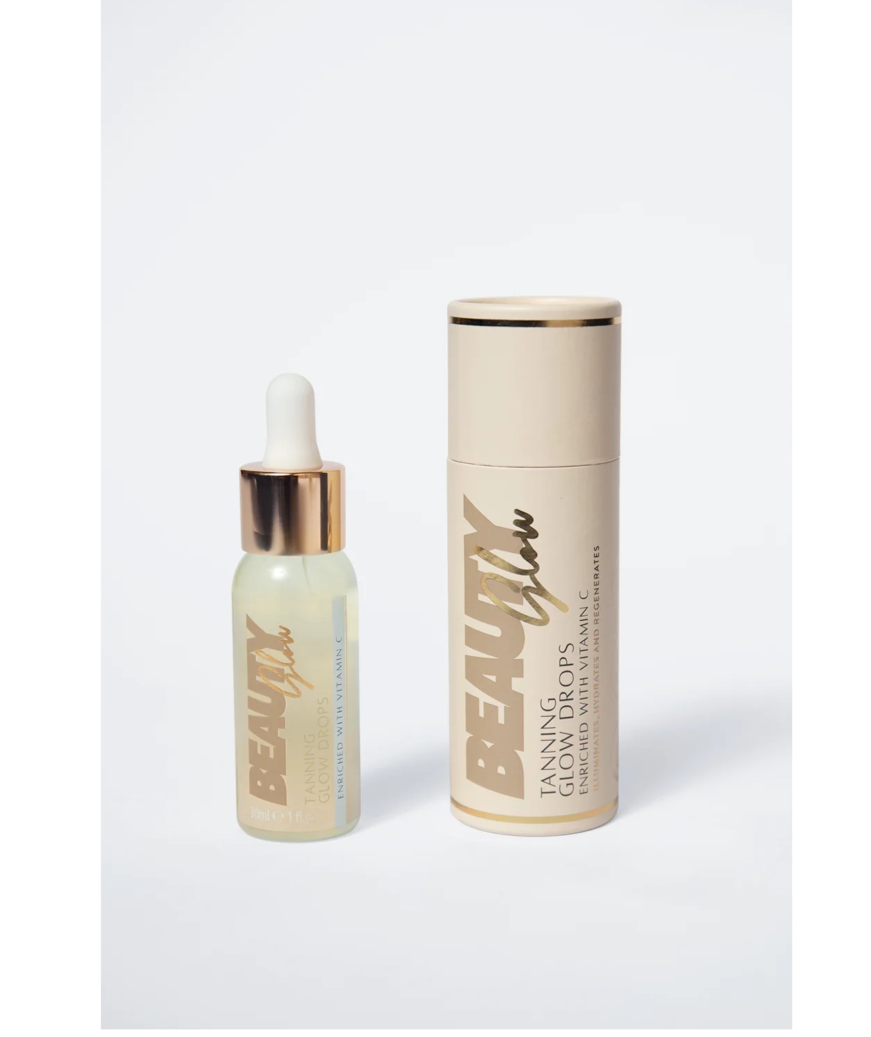 Clear glass dropper bottle with a gold cap, labeled "Beauty Glow Tanning Glow Drops," alongside a cylindrical beige container with gold accents, both featuring elegant typography.