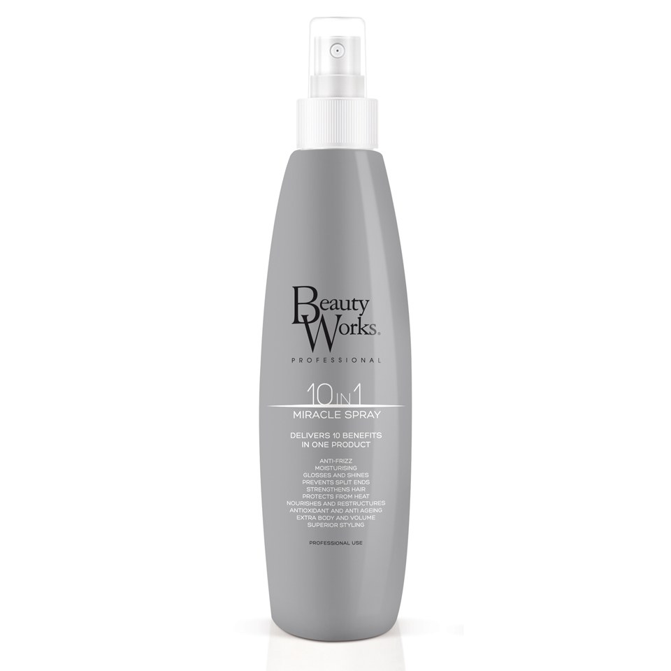 Gray bottle of Debenhams 10-in-1 Miracle Spray by Beauty Works, featuring a sleek design, spray nozzle, and black text highlighting its multifunctional benefits.