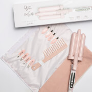 Beauty Works X Molly Mae Waver Kit features a pink waver tool, clips, a comb, and a storage pouch, all presented in a sleek white box with branding.