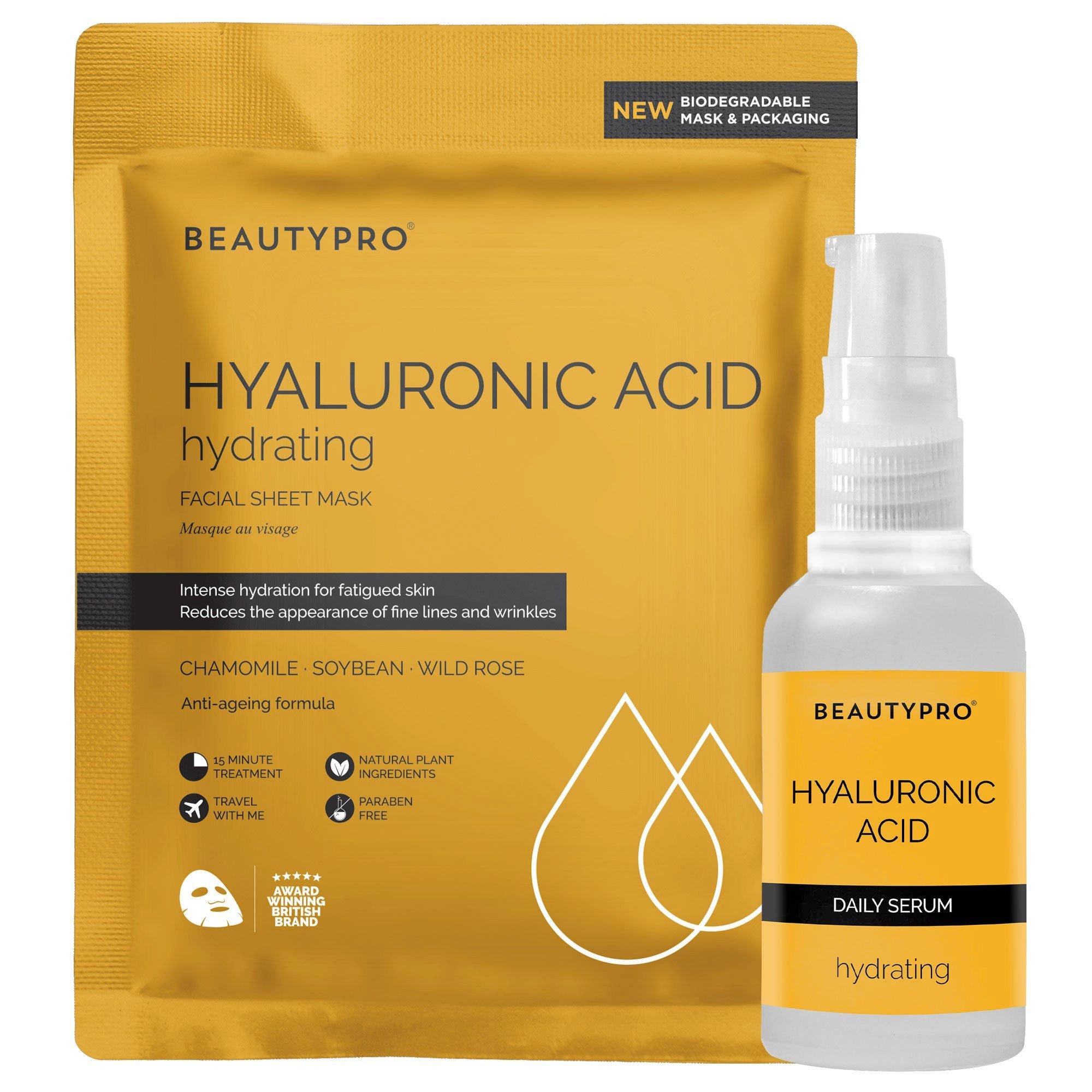 Bright yellow packaging featuring the BeautyPro logo, a hydrating hyaluronic acid facial sheet mask, and a clear serum bottle with a white pump, labeled "Daily Serum."