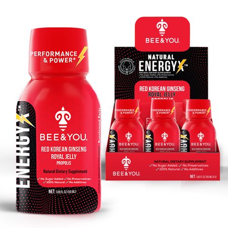 BEE&YOU 754145CD Red Ginseng Royal Jelly Energy Shots Supplements - 12 Piece