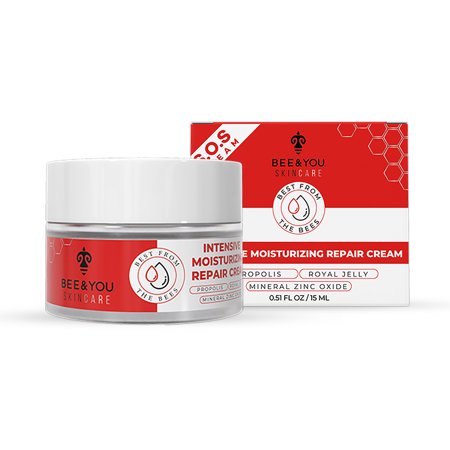 Intensive Moisturizing Skin Protectant cream in a white jar with a red label, featuring honeycomb graphics, alongside a matching red and white box, both labeled with "Bee & You."