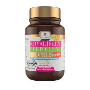 Royal Jelly Bee Pollen Propolis Chewable tablets in a brown glass jar with a white and colorful label, highlighting key ingredients and benefits, containing 60 tablets.