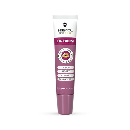 Elderberry lip balm in a white and purple tube, featuring a twist cap, with labels highlighting propolis, honey, vitamin E, and elderberry ingredients, 0.34 fl oz.