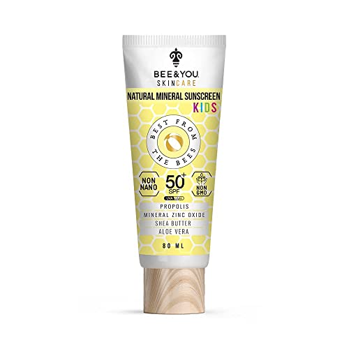Natural mineral sunscreen cream for kids in a 2.7 fl oz tube, featuring a yellow label with honeycomb design, wooden cap, and SPF 50+ protection.