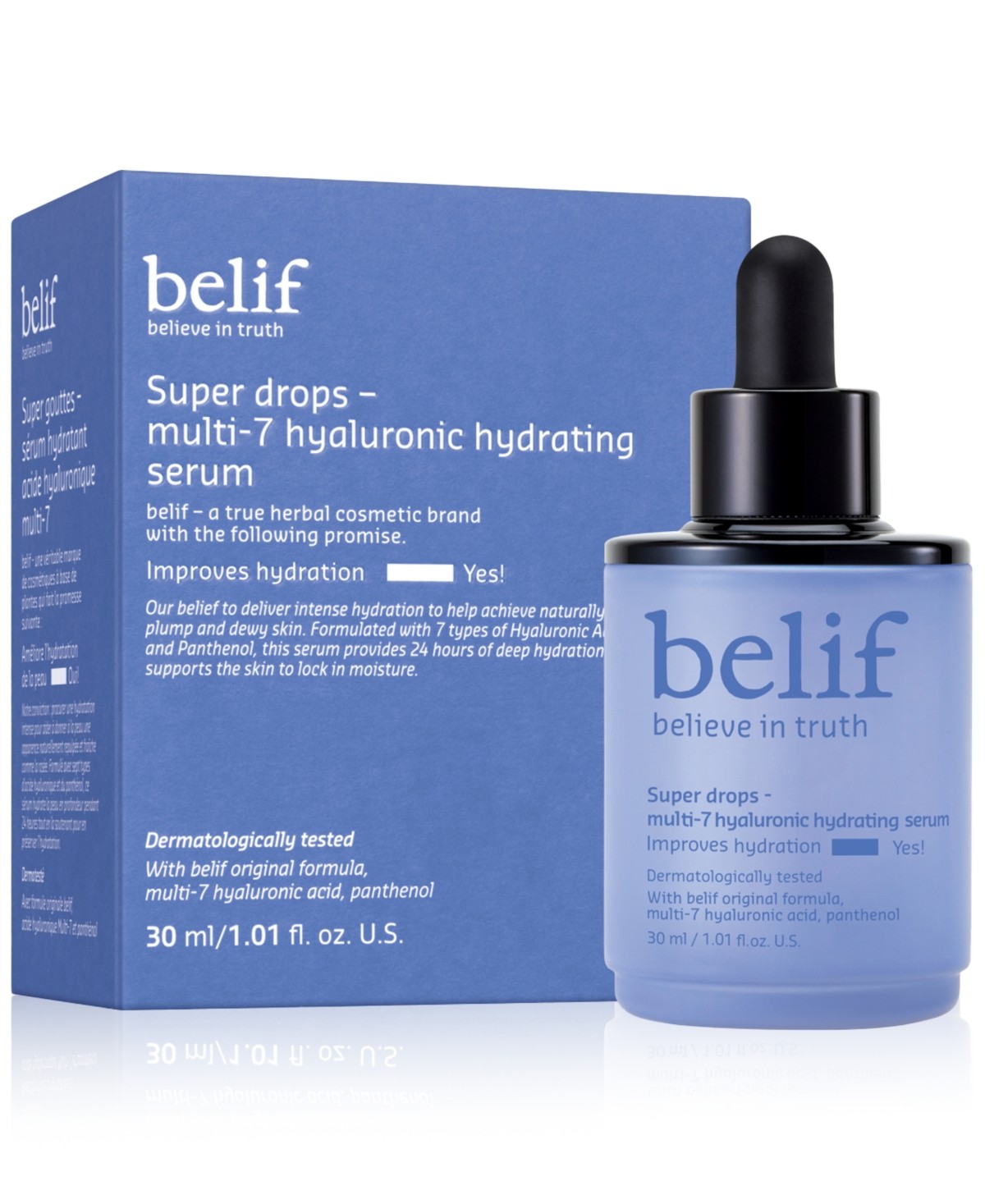 Belif Super Drops serum in a dark blue glass bottle with a dropper, labeled with "5% Niacinamide & Vitamin C," alongside a matching blue box featuring white text.