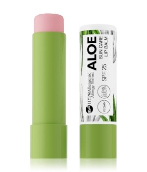 Green and white tube of Bell Hypoallergenic Aloe Lip Balm with SPF 25, featuring a pink balm tip, labeled with aloe and sun care details, and a vegan symbol.
