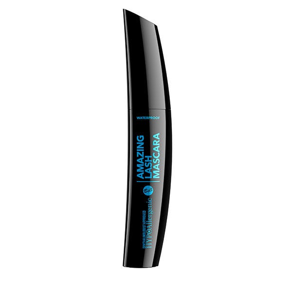 Black tube of Bell Hypoallergenic Waterproof Mascara, featuring a sleek design with blue text highlighting "Hypoallergenic" and "Waterproof," emphasizing its nourishing effect.