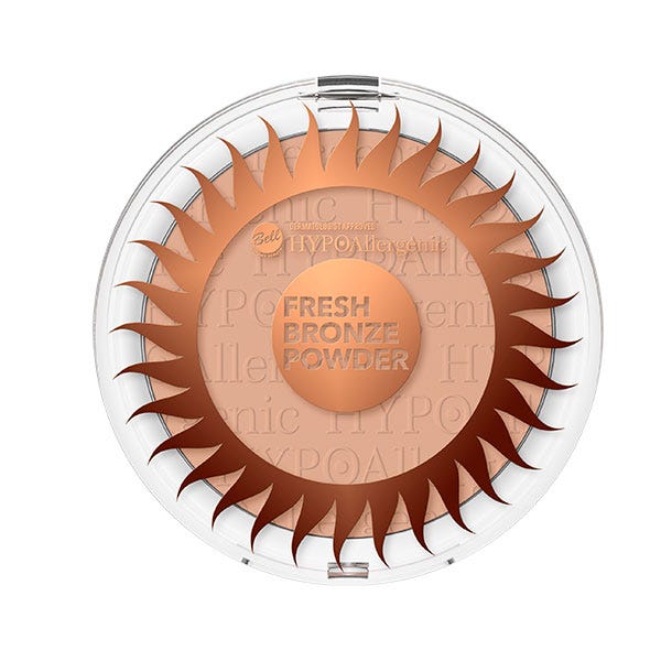Round compact containing Bell HYPOAllergenic Fresh Bronze Powder, featuring a sunburst design in bronze and beige tones, with a clear plastic lid and embossed branding.