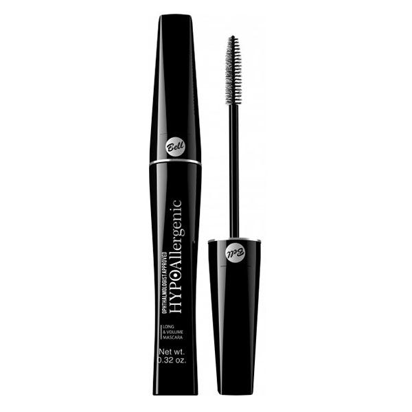 Black tube of Bell Hypoallergenic Volumising and Lengthening Mascara, featuring a textured wand and labeled "Shade 10 Black," with a sleek, modern design.