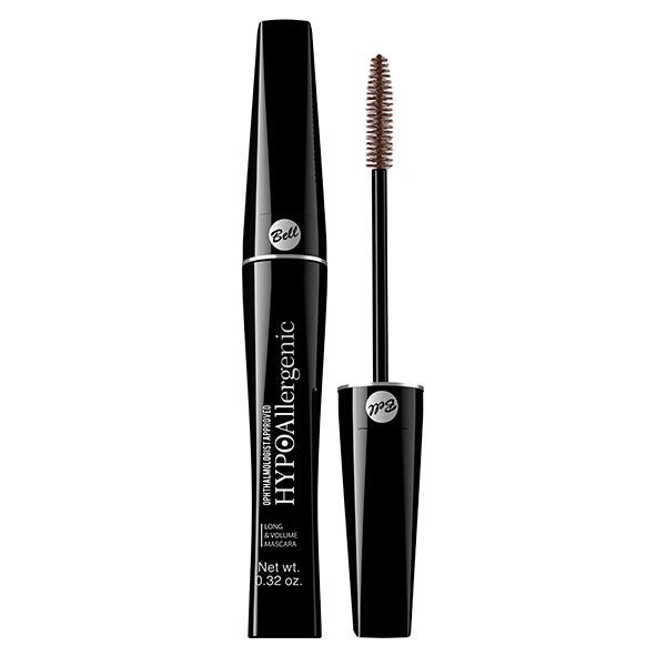 Bell Hypoallergenic Volumising and Lengthening Mascara in Shade 20 Brown, featuring a sleek black tube and a spiral brush for easy application, 9 g net weight.