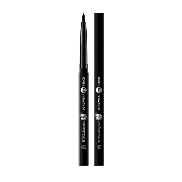 Black hypoallergenic long wear eye pencil in a sleek, matte black casing with a fine tip, labeled "Shade 01 Black" and "5 G" for long-lasting application.