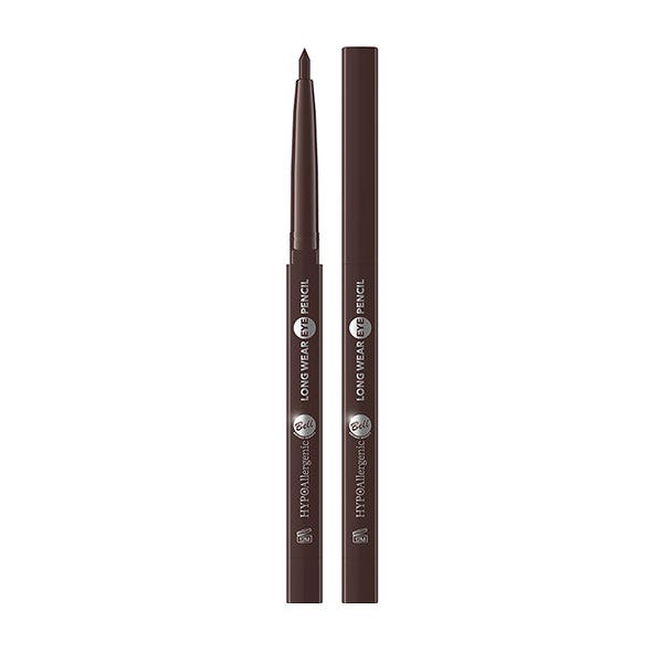 Brown hypoallergenic long wear eye pencil with a sleek design, featuring a pointed tip for precise application, labeled "Shade 02 Brown" and weighing 5 grams.