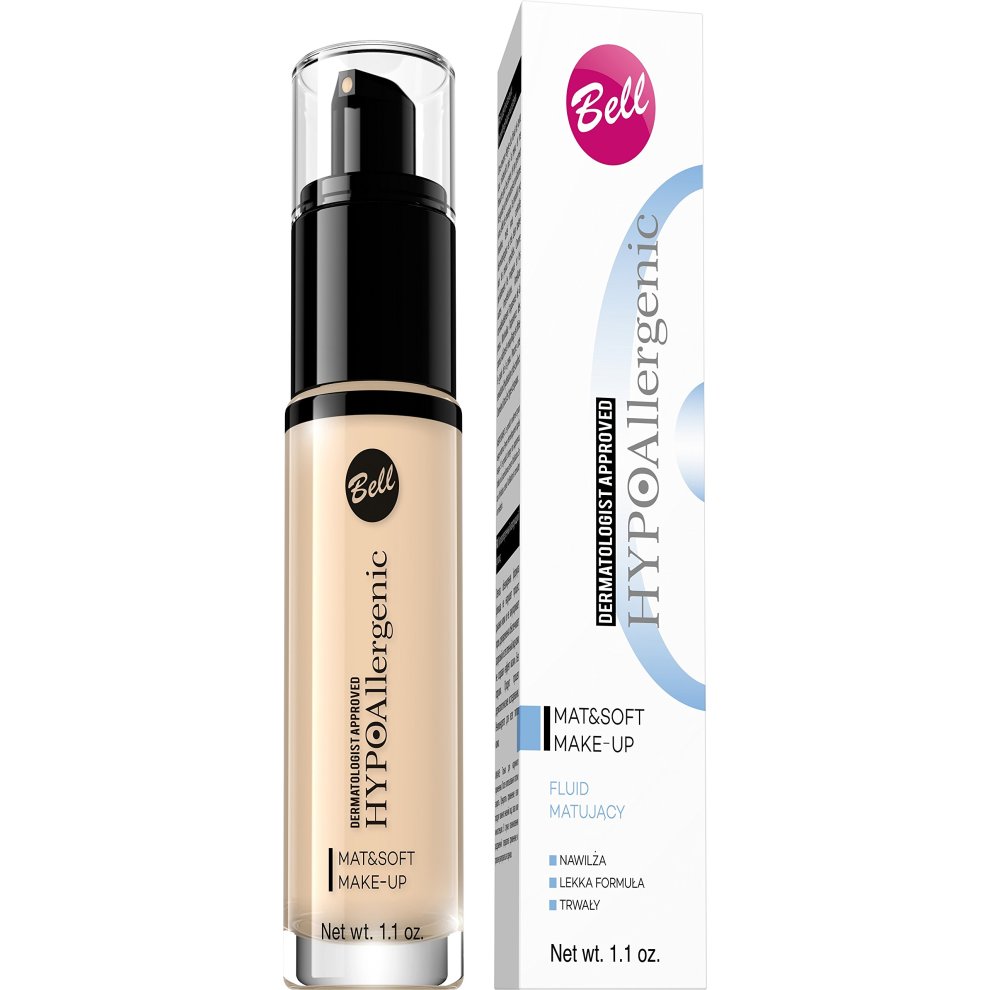Light beige liquid foundation in a clear pump bottle with a black cap, labeled "Bell Hypoallergenic Mat&Soft Light Mattifying Foundation" in a white and blue box.
