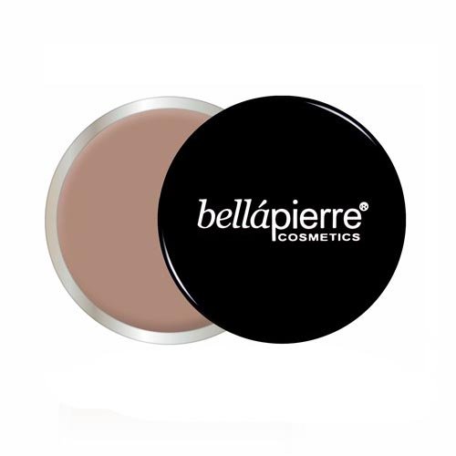 Black circular container with a silver rim, labeled "bellápierre COSMETICS," containing a smooth, light beige makeup base, highlighting its waterproof and hypoallergenic properties.