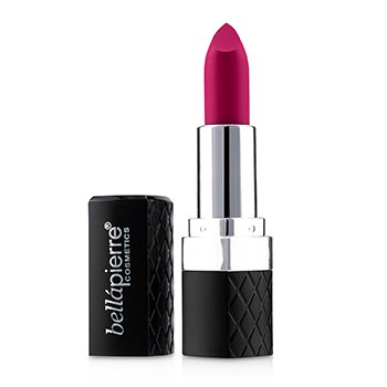 Matte lipstick in a vibrant hot pink shade, housed in a sleek silver bullet with a textured black cap, labeled "Bellápierre Cosmetics."