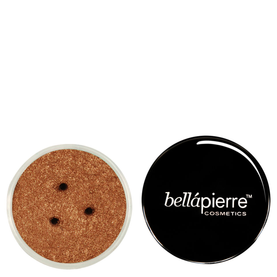 Bronze shimmer powder in a clear container with a black lid, featuring the Bellápierre Cosmetics logo, suitable for all skin types and free from parabens, vegan, and cruelty-free.