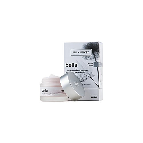 Bella Aurora Bella Noche Night Time Action Treatment in a 50ml jar with a silver lid, placed beside its white and black box featuring floral graphics and product details.