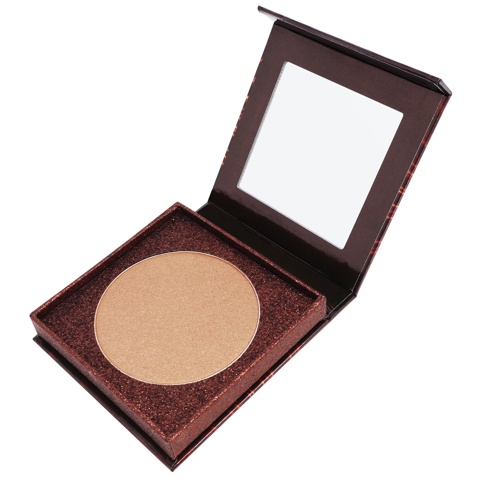 Debenhams Illuminating Bronzing Powder in a sleek, dark brown compact with a glittery finish, featuring a round, shimmering bronzer pan and a clear mirror inside the lid.