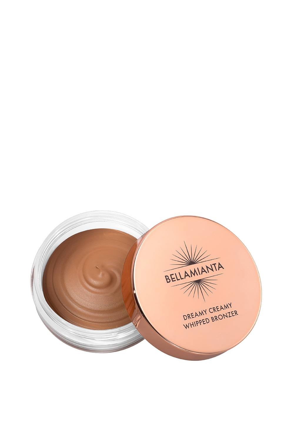 Debenhams Dreamy Creamy Whipped Bronzer in Medium Dark, featuring a smooth, creamy texture in a warm brown shade, housed in a clear container with a rose gold lid.